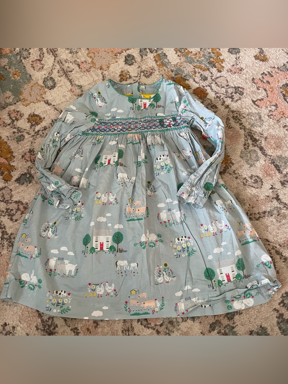 Mini Boden Light Blue Farm Animal Smocked Long-Sleeve Pajama Dress